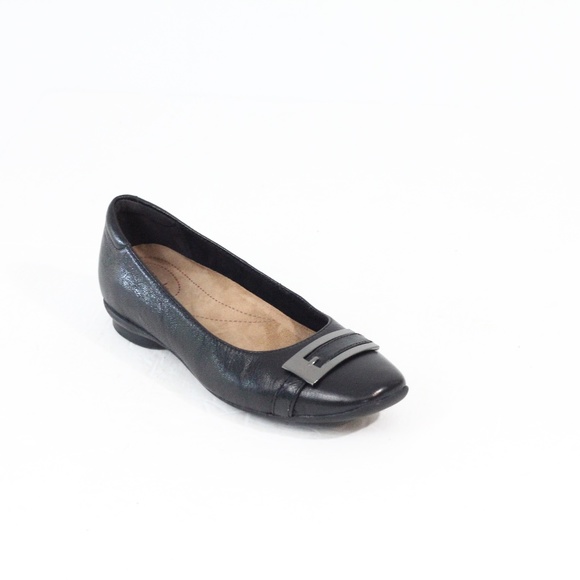 Clarks Artisan Black Leather Ballet Flat sz 6 Women Square Toe Shoes Slip on - Picture 1 of 8